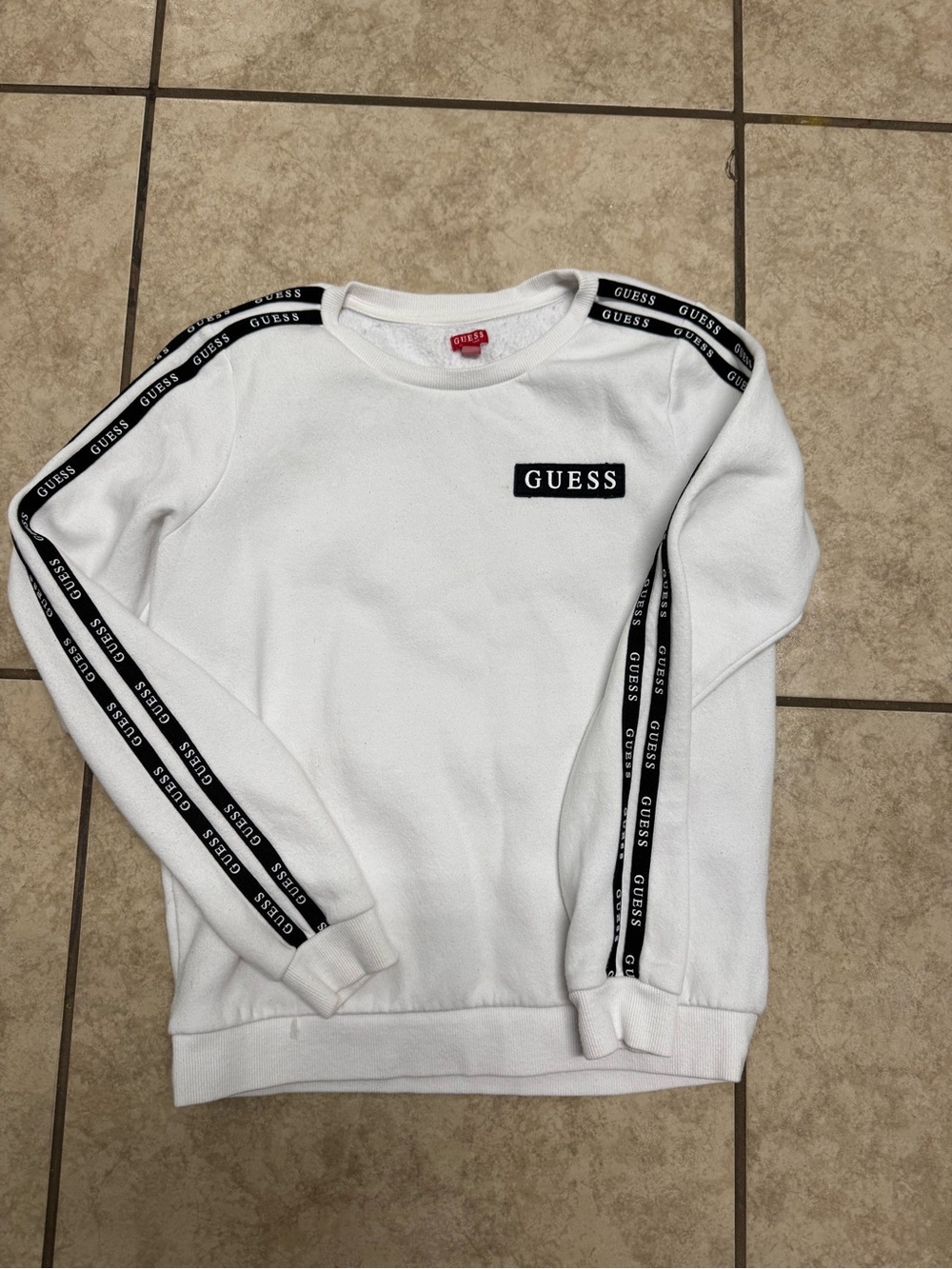 Guess White Pullover Sweatshirt with Black Logo Tape